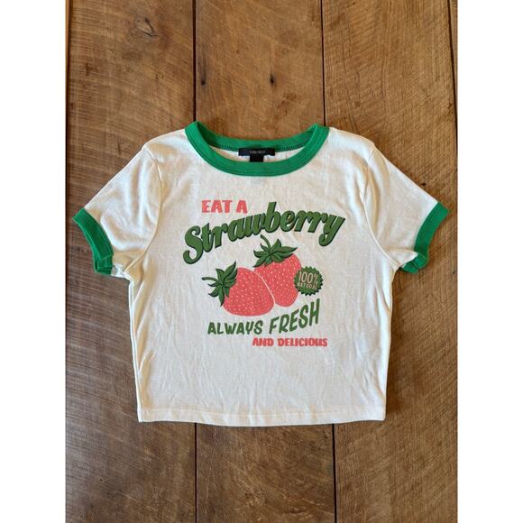 Forever 21 “Eat a Strawberry” Baby Tee | Women’s Small Green Ringer Crop Top - Picture 2 of 6